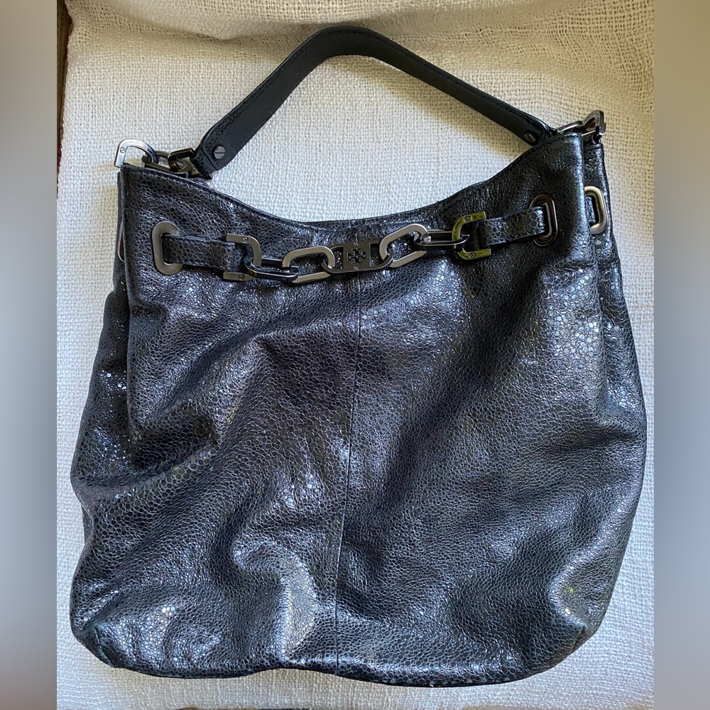 EUC Tory Burch Natalya Black Crackle Hobo Bag